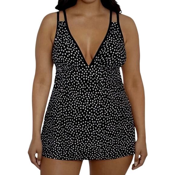 Trimshaper One Piece‎ Swimsuit Polka Dot Black White Skirt Bottom Womens 24W - Picture 1 of 10